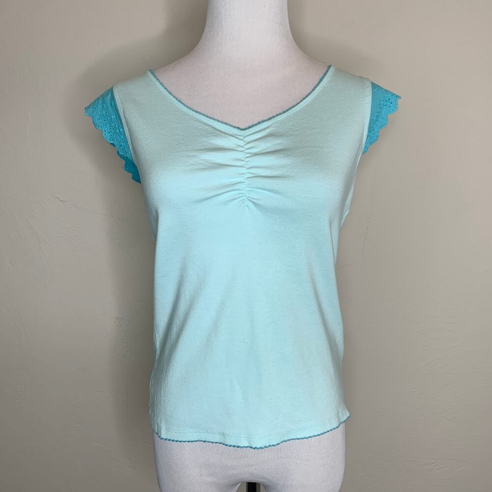 Sigrid Olsen Sport Pale Blue Ruched Bust T Shirt Lace Sleeves Sz XS